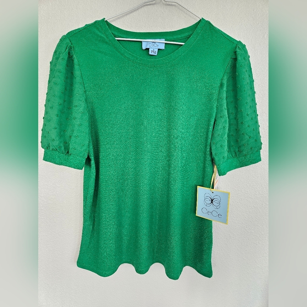 NWT!!! CeCe Women's Short Puff‎ Sleeve Mixed Media Knit Top, Size Small - Picture 3 of 8